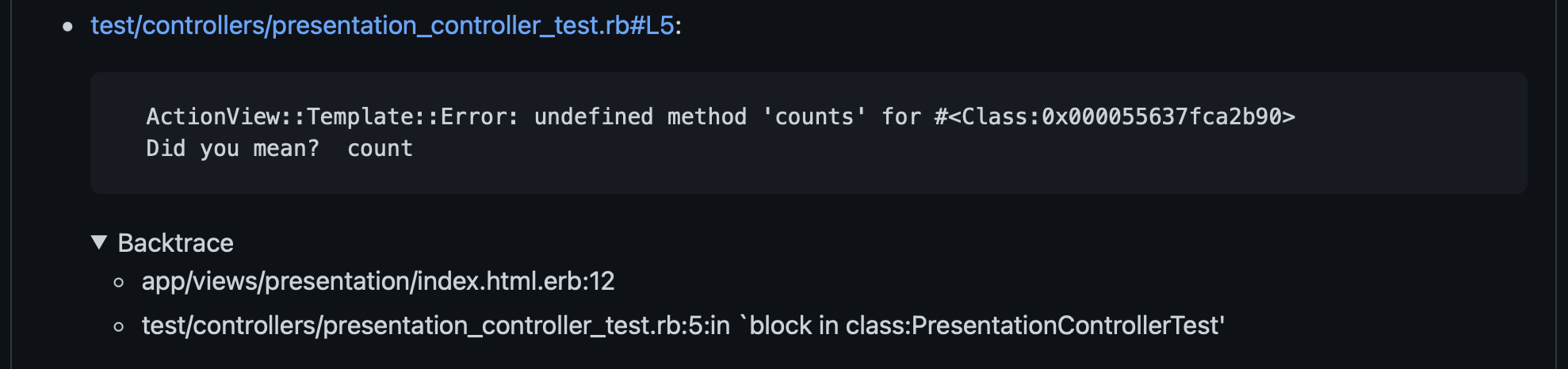 Screenshot of test backtrace included in comment on Github pull request.